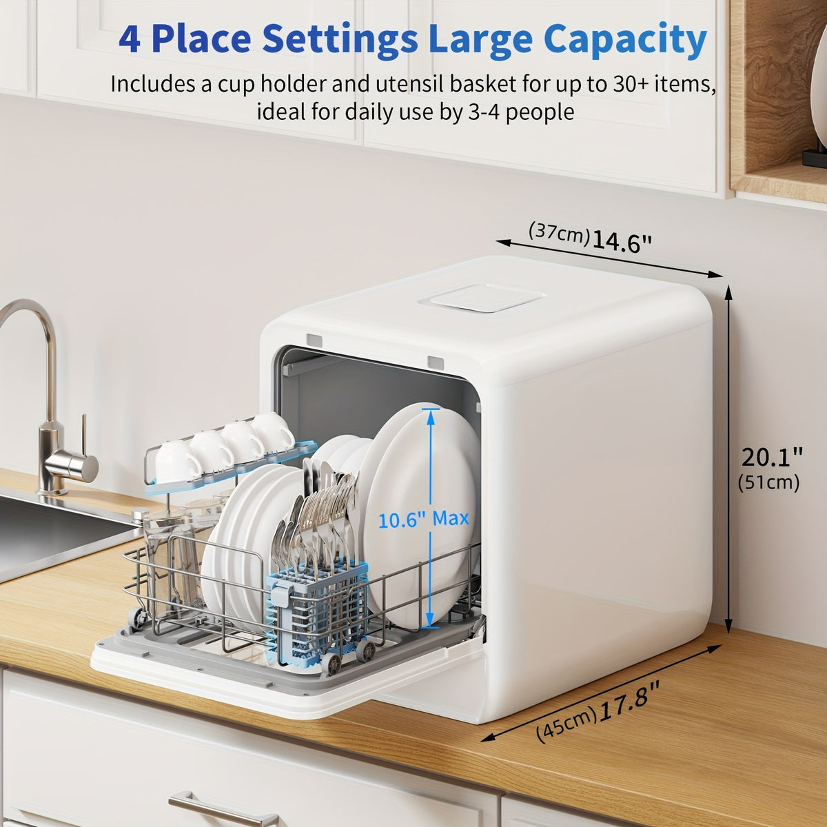 AIRMSEN 9 Programs Portable Countertop Dishwasher With 5L Built-in Water Tank, 14.6&quot; Wide Mini Dishwasher Upgrade Self-cleaning Washing, 24H Delay Start And Energy-saving, For Apartments &amp; RVs, White