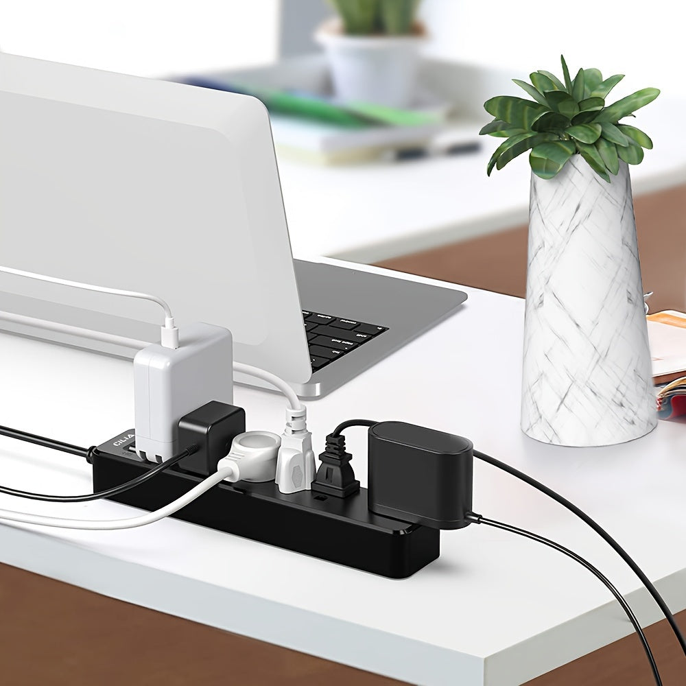 1pc Household Office Universal, US Specification Multi-hole High-power Socket, Row Plug-in Cable Board, Table Wall Dual-use, 6 DC Jacks, 59.06inch Cable Length, PVC Outer Packaging