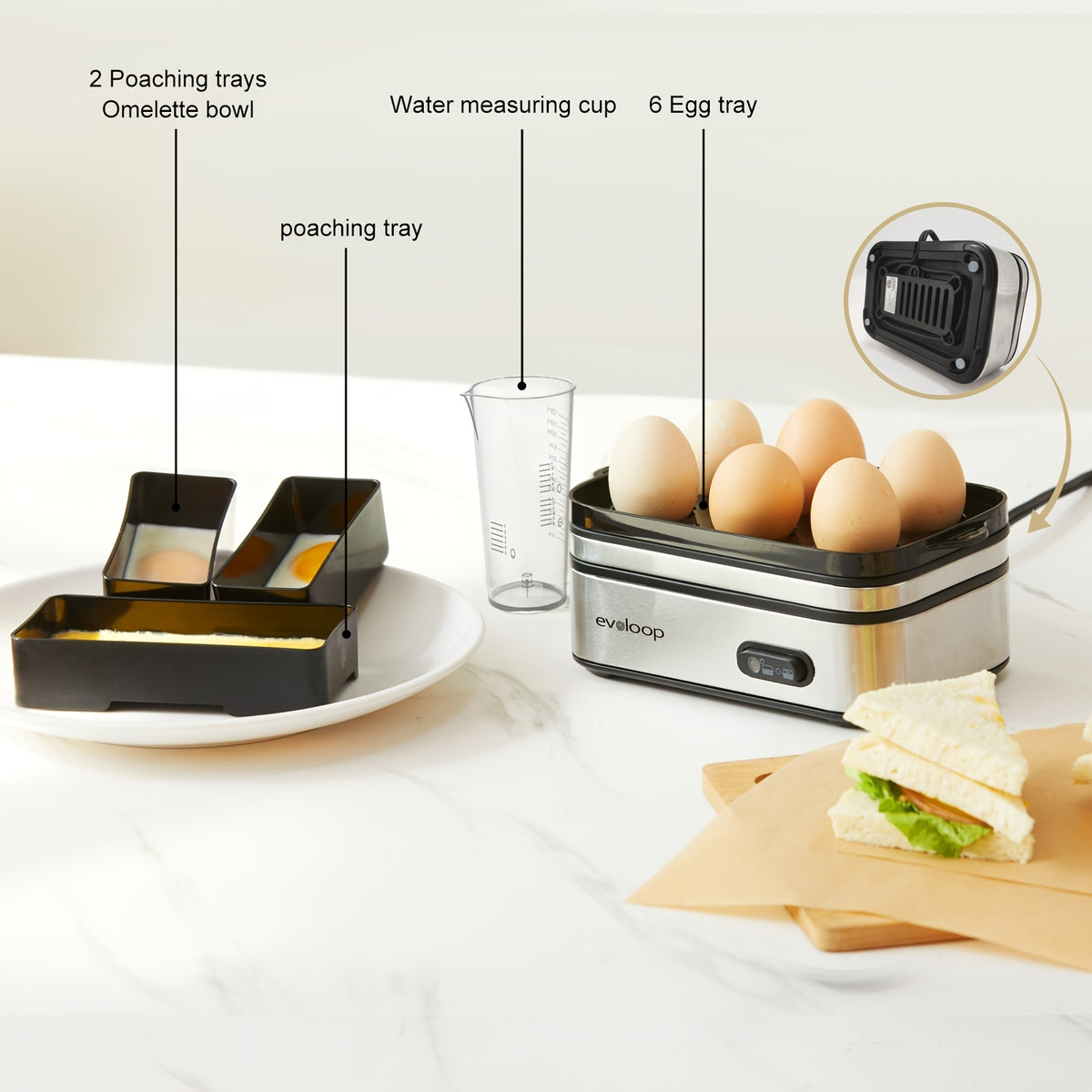 Evoloop Rapid Egg Cooker - Effortlessly Craft Perfect Eggs Every Time with Auto Shut Off - 6 Egg Capacity for Hard Boiled, Poached, Scrambled, or Fluffy Omelets - Culinary Mastery in Minutes