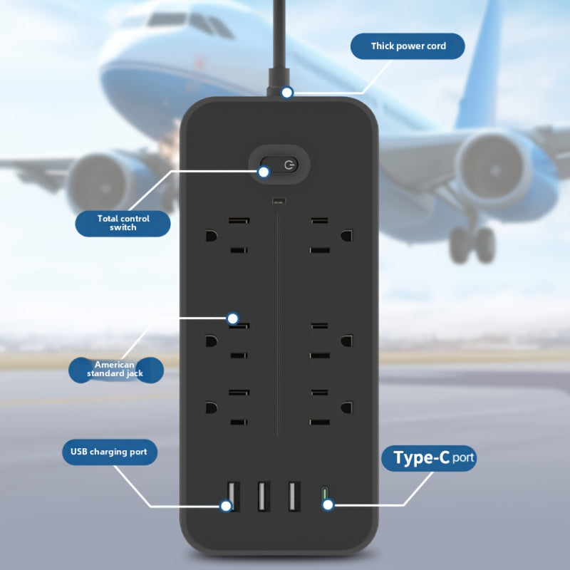 1pc 10-in-1 Power Adapter With 3 USB Outlets, 1 Type-C Outlet And 6 AC Socket Outlets. A Wall Socket, With Surge Protector, Easy To Carry, 4.5-foot Extension Cable, Suitable For Home, Office And Travel