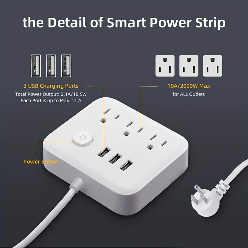 1pc Power Strip, Power Strip Surge Protector, 3 AC Outlets 3 USB 1 Power Button, Flat Plug, Desktop Charging Station With Overload Protection, For Home, Office, Travel, Computer, Black White