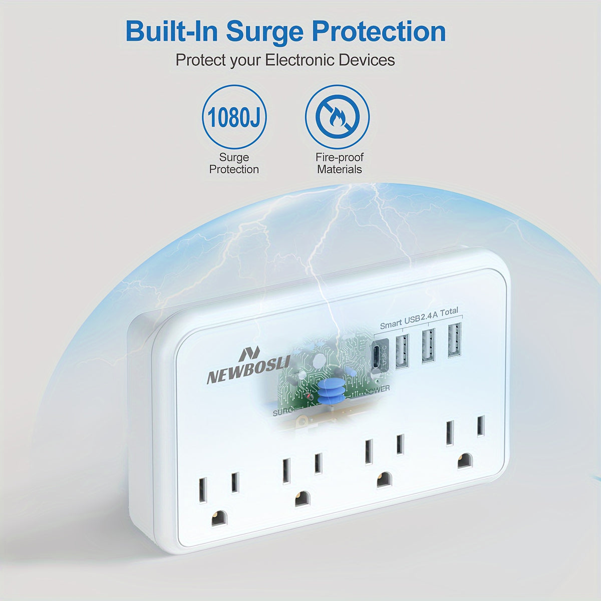 1080J Surge Protector Multi-Plug Outlet Extender – NEWBOSLI 3-Prong Wall Adapter With 4 AC Outlets &amp; 4 USB Ports (1 USB-C), Power Strip With Phone Holder, Ideal For Offices, Hotels, Bathrooms, And Living Rooms