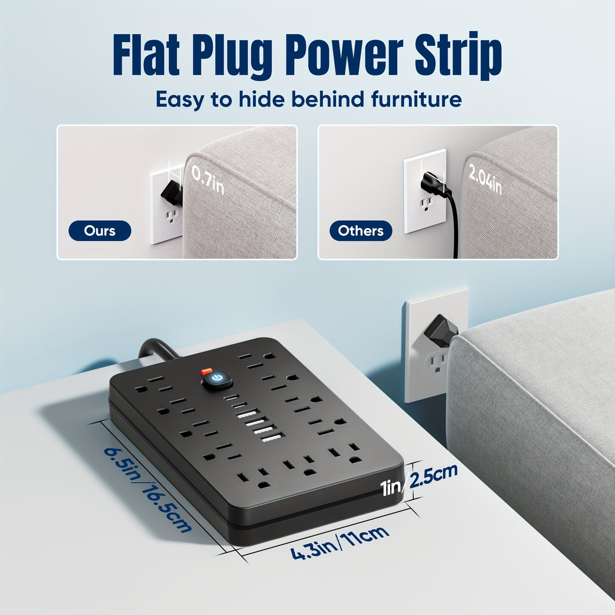 1 Piece 17-in-1 Surge Protected Power Strip With 11 AC Outlets, 4 USB And 2 Type-C Ports. Wall Mountable Desktop Charging Station. US Plug. Perfect For Home, Office And Travel. Available In 5ft Or 10ft Cord Length.