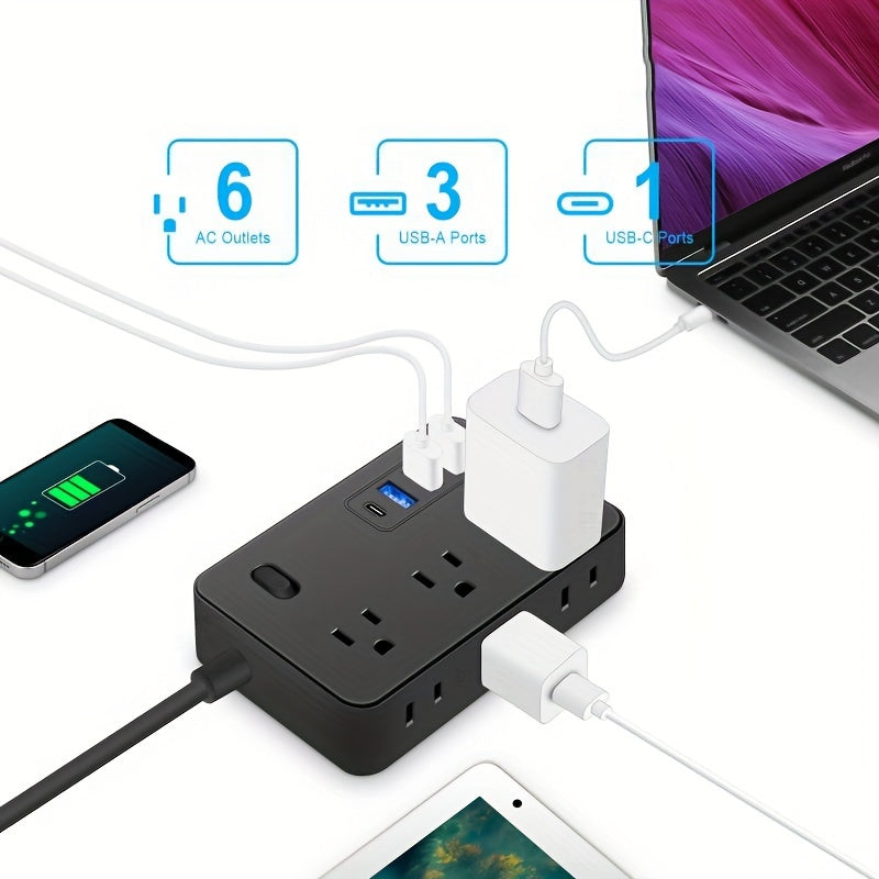 Ultra-Compact Power Strip with Individual Switch, 4 USB Ports (3 USB + 1 Type-C), 1.2m Cord, Universal Wall Mount, Black, 110-130V, US Plug