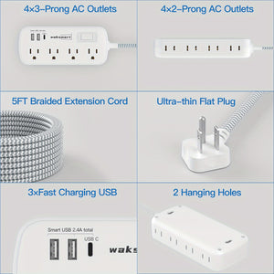 Flat Plug Surge Protector Power Strip, 5 Ft Braided Flat Extension Cord With 3 USB Charger (1 USB C), 8 AC Outlets Compact Desk Charging Station Wall Mount For Office, School, Dorm
