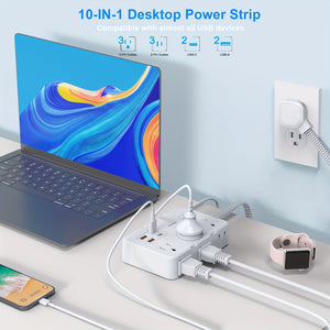 Power Strip Surge Protector - 6 Widely Outlets with 4 USB Ports (2 USB C), 2-Side Outlet Extender Strip, 10 Ft Extension Cord Flat Plug, Wall Mount Small Power Strip for Travel Home Office College Dorm
