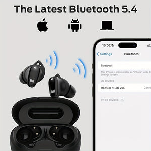 Monster N-Lite 200 AirLinks Wireless Earbuds, Headphones, Built-in Mic For Clear Calls, Immersive Bass Sound, IPX5 Water Resistant Design For Sports, Black