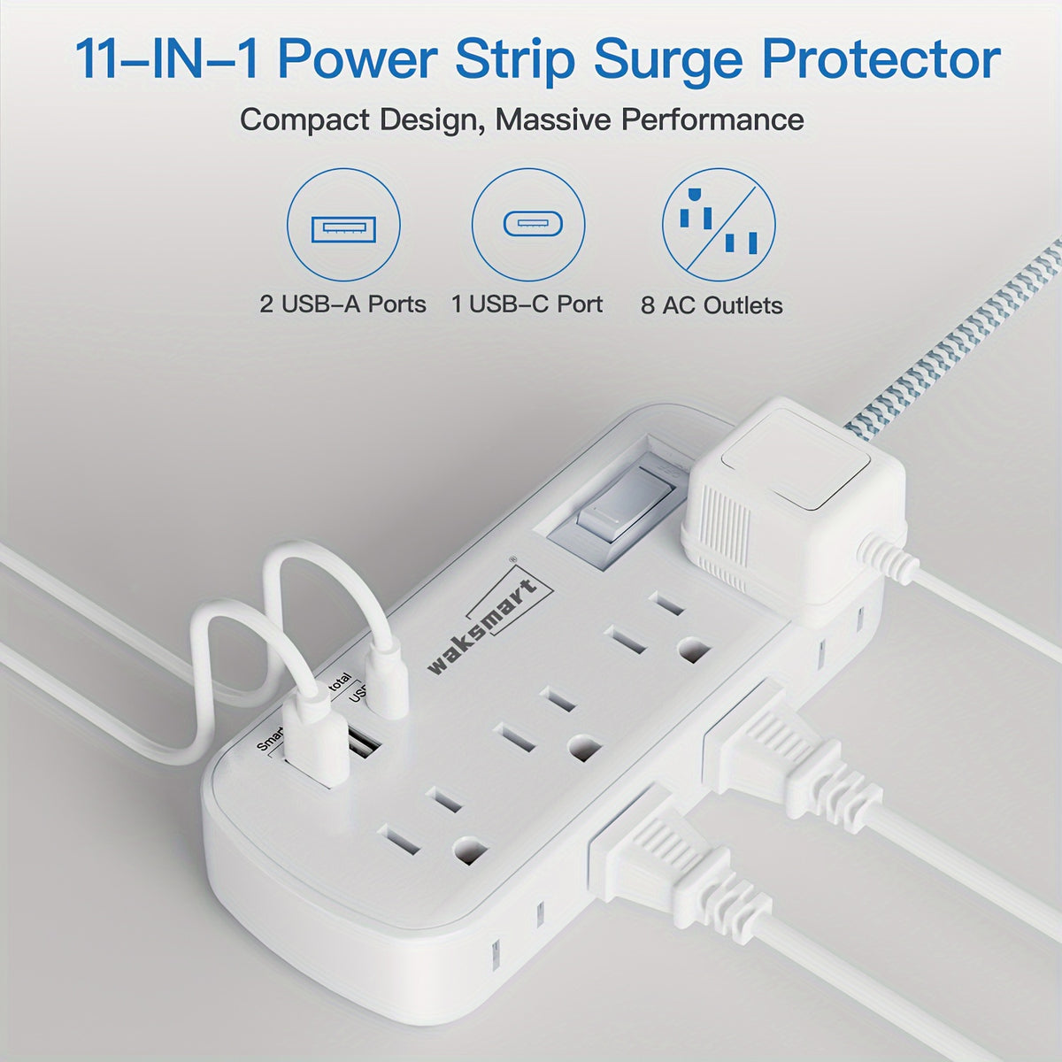 Flat Plug Surge Protector Power Strip, 5 Ft Braided Flat Extension Cord With 3 USB Charger (1 USB C), 8 AC Outlets Compact Desk Charging Station Wall Mount For Office, School, Dorm