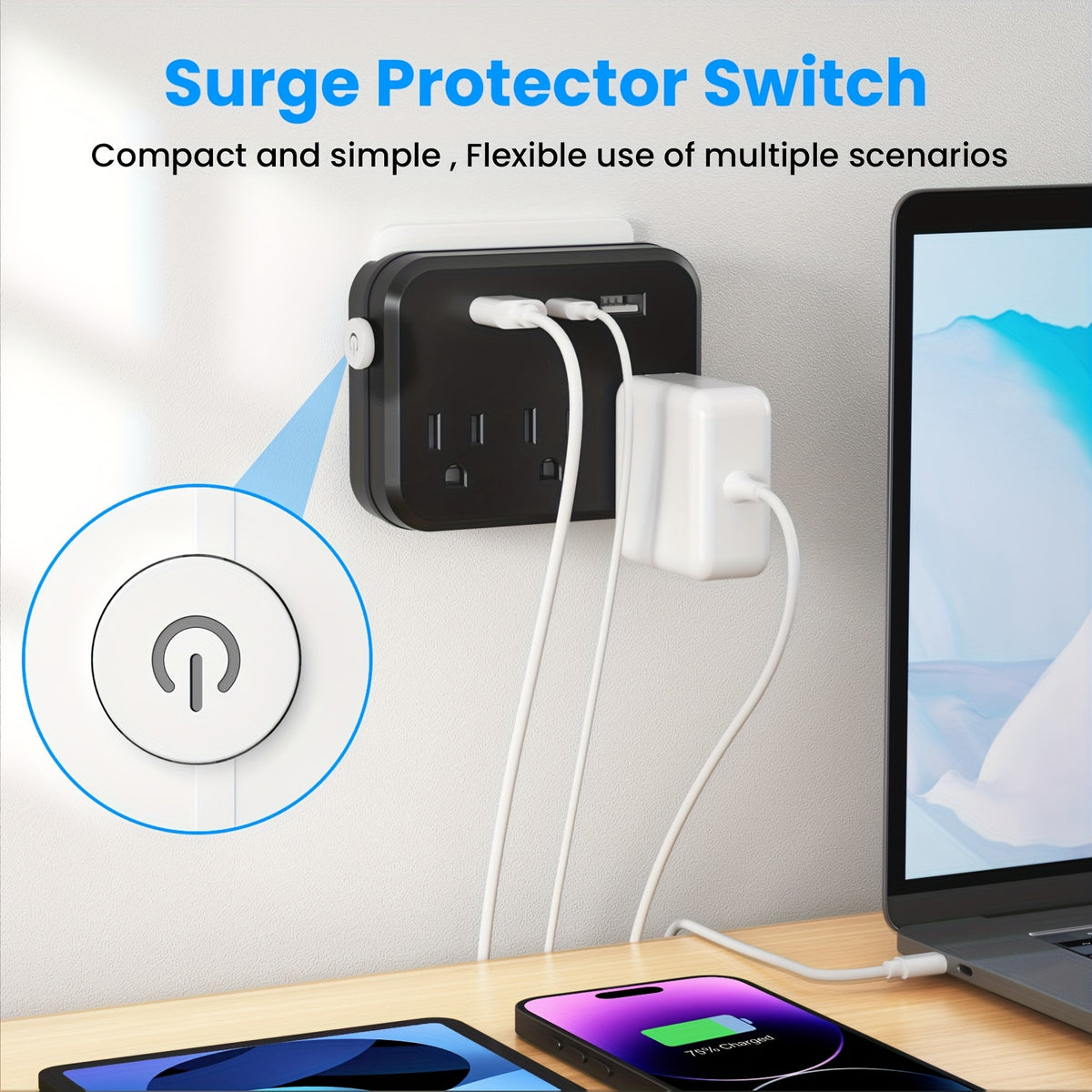 6-in-1 Portable Power Adapter - Compact and Convenient with 3 Sockets, 2 USB, and 1 Type-C Port, Surge Protector Switch, Durable and Sturdy for Business Trips and Everyday Use at Home or Office