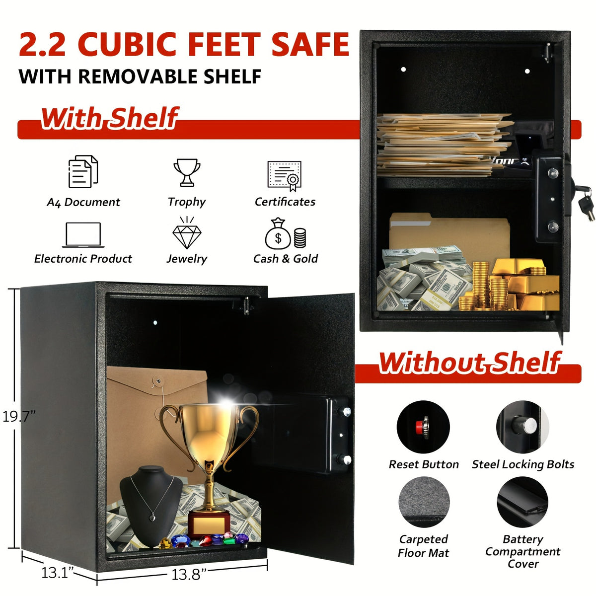 Steel Money Safe Box For Home (2.2 Cubic - Black) With Fireproof Money Bag For Cash Safe, 2.2 Cubic Feet Security Safe Box For Money Safe With Keys, Lock Box Fireproof Safe With Keypad Lock