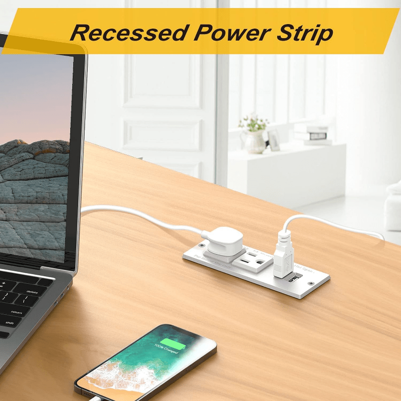 Power Strip With USB, Conference Recessed Power Strip Socket, Power Grommet Power Strip With 2-Outlet &amp; 2 USB Ports