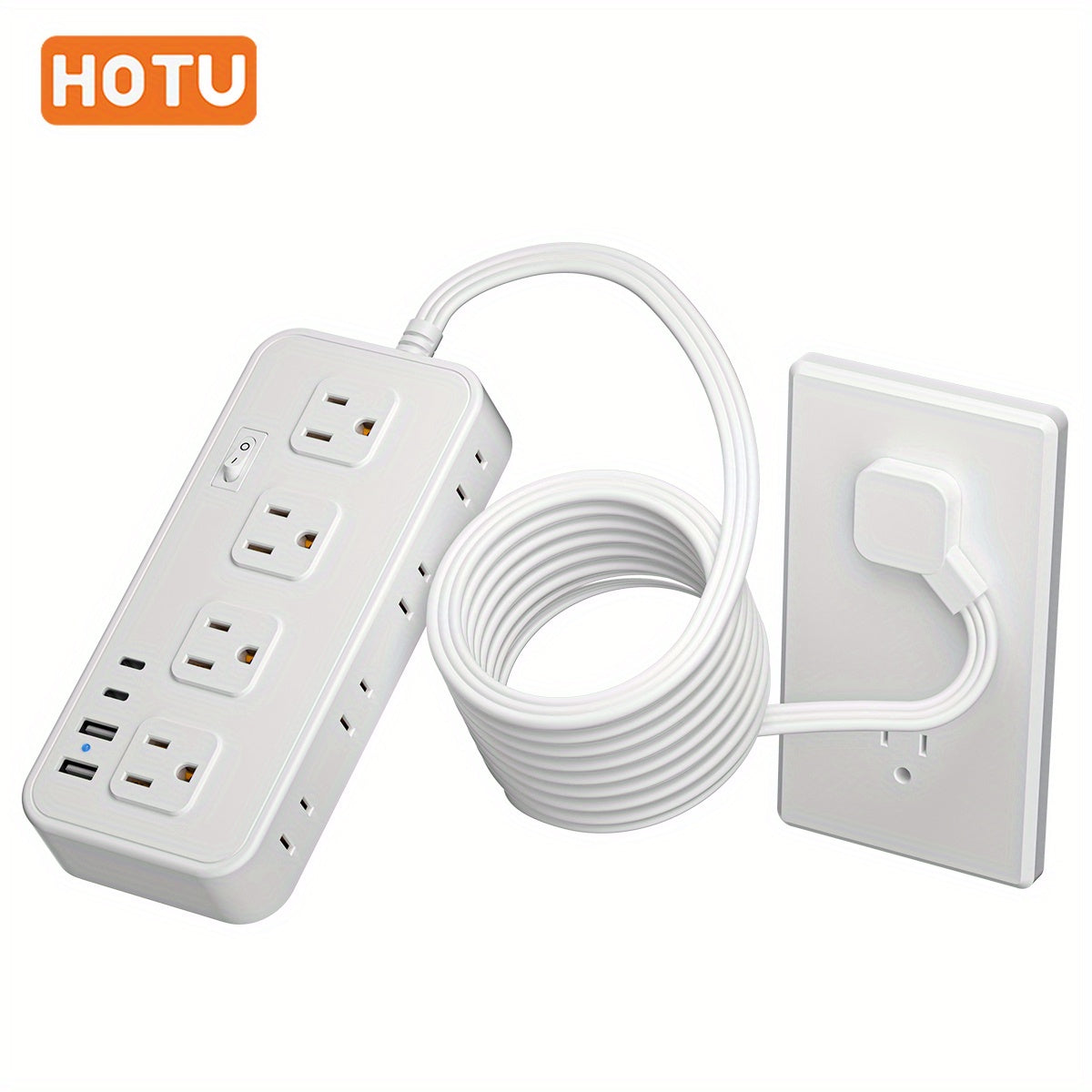 HOTU Wall Mount Power Strip with USB Ports -2 USB-A &amp; 2 USB-C Ports, 110-130V, Surge Protector, Individual Switches, Flat Plug, Ideal for Cruise Ships, Homes, Offices, Bedrooms