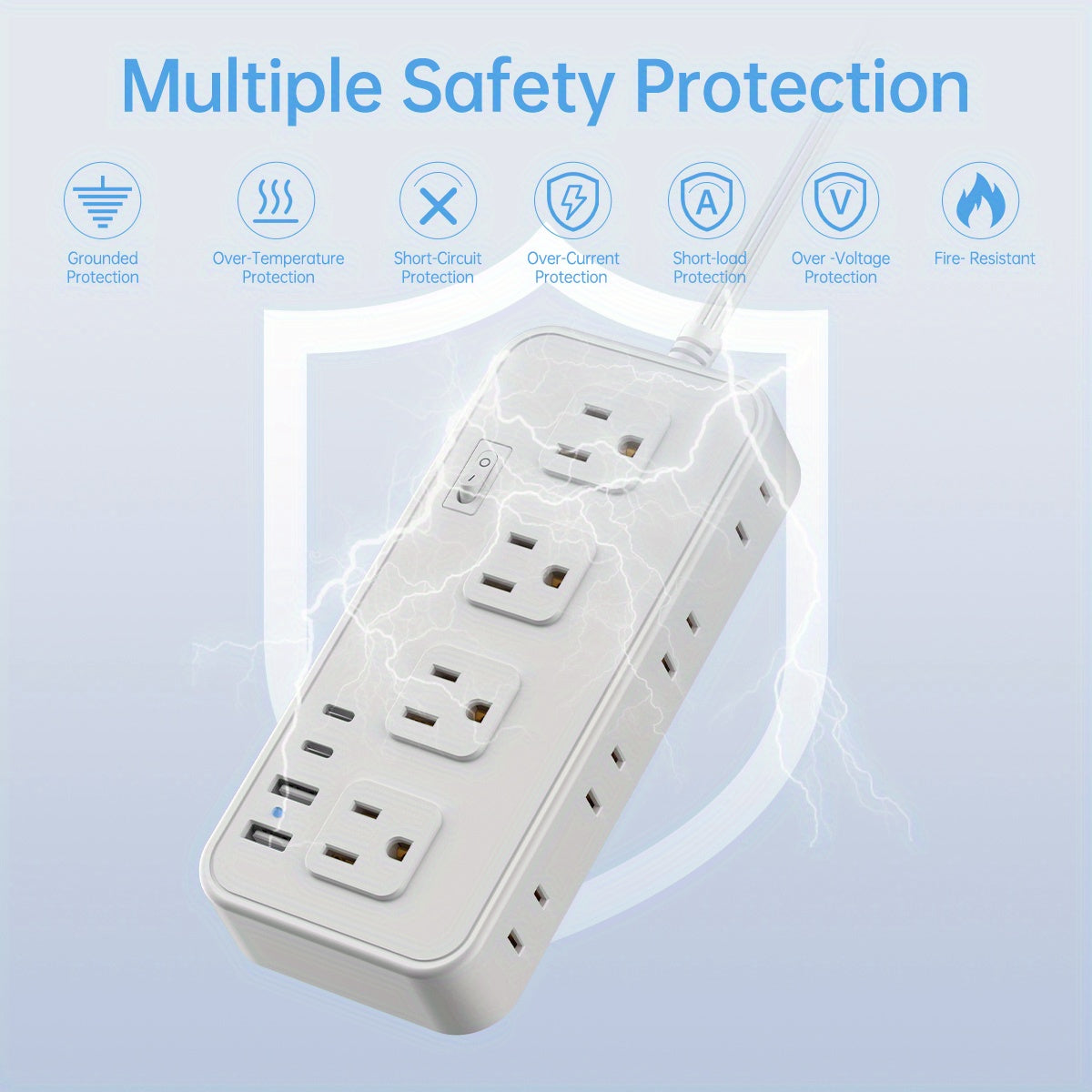 HOTU Wall Mount Power Strip with USB Ports -2 USB-A &amp; 2 USB-C Ports, 110-130V, Surge Protector, Individual Switches, Flat Plug, Ideal for Cruise Ships, Homes, Offices, Bedrooms