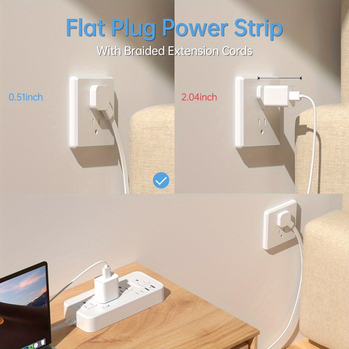 HOTU Wall Mount Power Strip with USB Ports -2 USB-A &amp; 2 USB-C Ports, 110-130V, Surge Protector, Individual Switches, Flat Plug, Ideal for Cruise Ships, Homes, Offices, Bedrooms