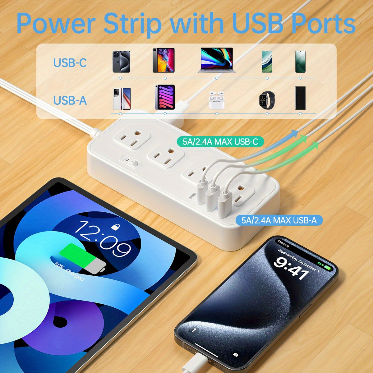 HOTU Wall Mount Power Strip with USB Ports -2 USB-A &amp; 2 USB-C Ports, 110-130V, Surge Protector, Individual Switches, Flat Plug, Ideal for Cruise Ships, Homes, Offices, Bedrooms