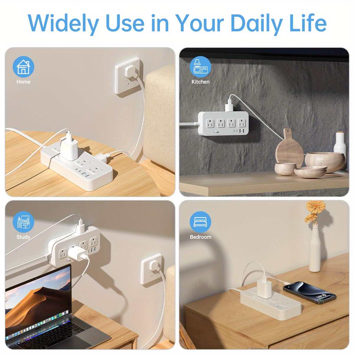 HOTU Wall Mount Power Strip with USB Ports -2 USB-A &amp; 2 USB-C Ports, 110-130V, Surge Protector, Individual Switches, Flat Plug, Ideal for Cruise Ships, Homes, Offices, Bedrooms