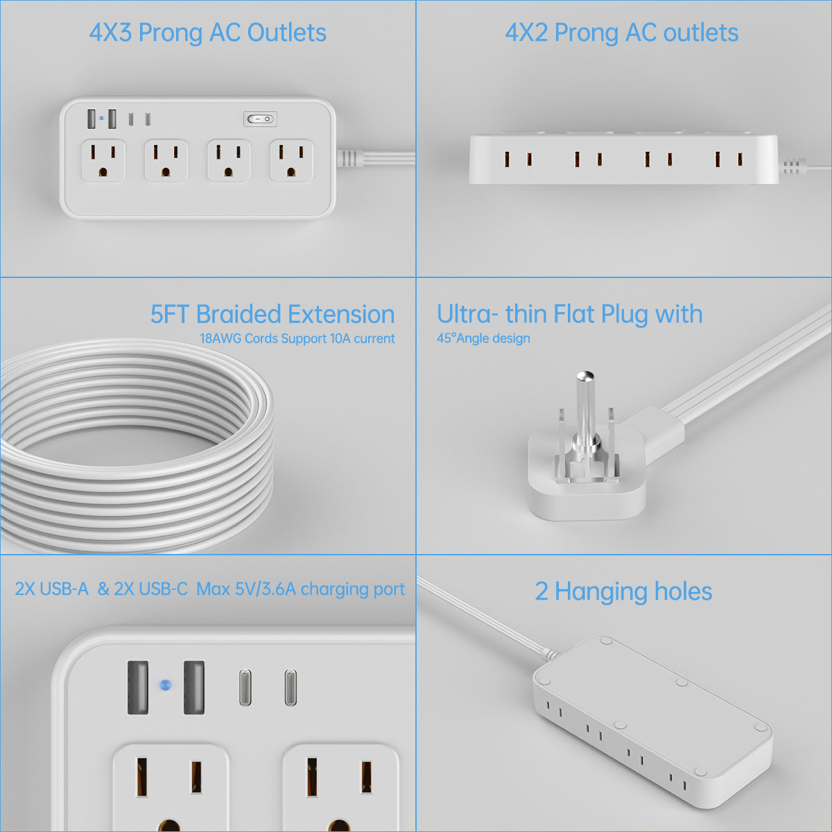 HOTU Wall Mount Power Strip with USB Ports -2 USB-A &amp; 2 USB-C Ports, 110-130V, Surge Protector, Individual Switches, Flat Plug, Ideal for Cruise Ships, Homes, Offices, Bedrooms