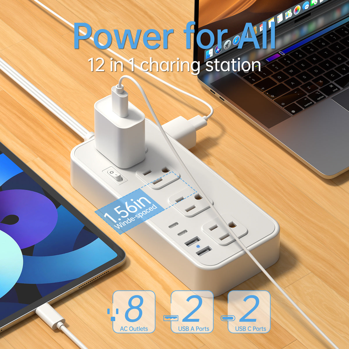 HOTU Wall Mount Power Strip with USB Ports -2 USB-A &amp; 2 USB-C Ports, 110-130V, Surge Protector, Individual Switches, Flat Plug, Ideal for Cruise Ships, Homes, Offices, Bedrooms