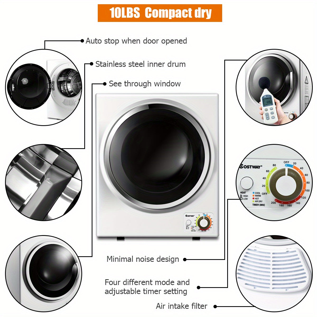 Electric Tumble Compact Laundry Dryer Stainless Steel Wall Mounted 1.5 cu. ft.