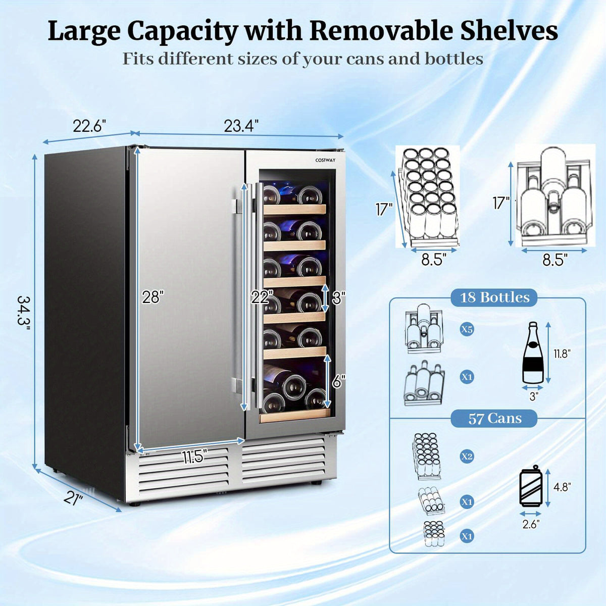 Multigot 2-in-1 Beverage and Wine Cooler Free-standing &amp; Built-in Dual Zones Wine Fridge