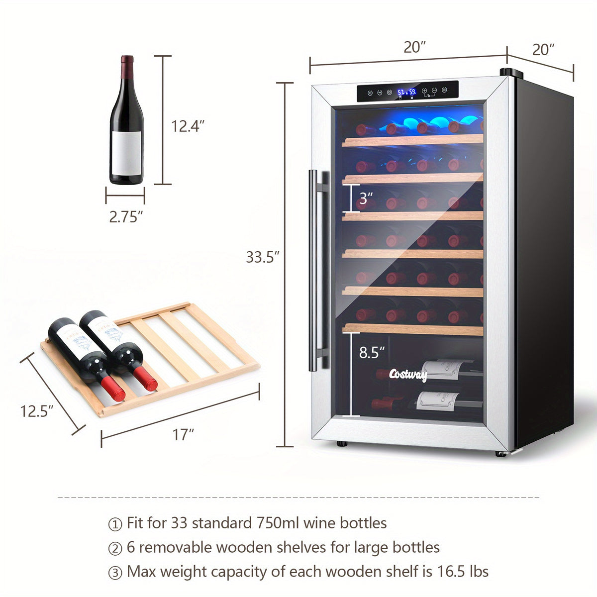 Multigot 20 Inch Wine Cooler Refrigerator for 33 Bottles w/Tempered Glass Door