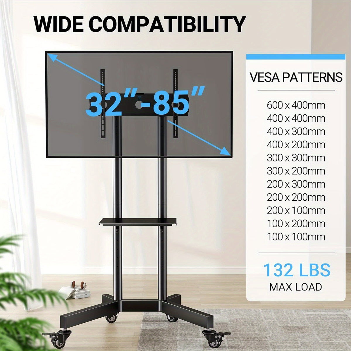 Mobile TV Cart with Wheels for 32-85 Inch LCD LED Plasma Flat Screen TVs- Height Adjustable Rolling TV Stand Hold up to 132 lbs- Floor Stand with Tray Max VESA 600x400mm