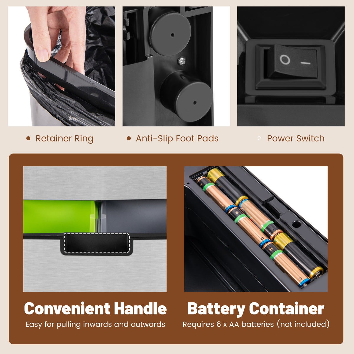 MULTIGOT 19 Gal Kitchen Trash Can, Infrared Motion Sensor Waste Bin with Removable Inner Buckets, Stainless Steel Frame, Anti-Fingerprint Garbage Can &amp; Recycling Bin with Soft-Closing &amp; Stay Open Lid