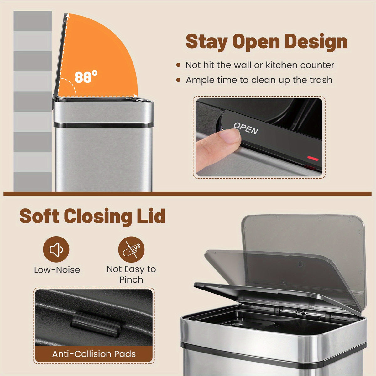 MULTIGOT 19 Gal Kitchen Trash Can, Infrared Motion Sensor Waste Bin with Removable Inner Buckets, Stainless Steel Frame, Anti-Fingerprint Garbage Can &amp; Recycling Bin with Soft-Closing &amp; Stay Open Lid