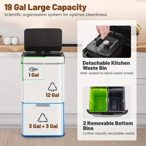 MULTIGOT 19 Gal Kitchen Trash Can, Infrared Motion Sensor Waste Bin with Removable Inner Buckets, Stainless Steel Frame, Anti-Fingerprint Garbage Can & Recycling Bin with Soft-Closing & Stay Open Lid