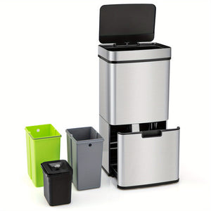 MULTIGOT 19 Gal Kitchen Trash Can, Infrared Motion Sensor Waste Bin with Removable Inner Buckets, Stainless Steel Frame, Anti-Fingerprint Garbage Can & Recycling Bin with Soft-Closing & Stay Open Lid
