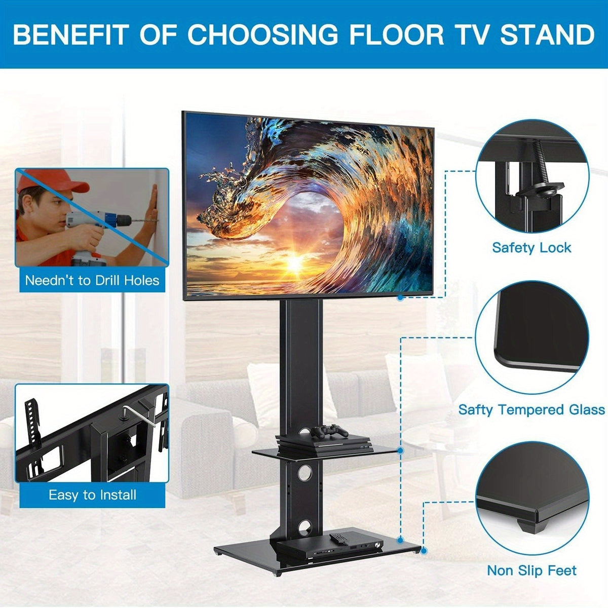 Swivel Floor Universal TV Stand with 2 Shelves for Most 37-75 Inch LCD LED TVs, Height Adjustable Tall TV Stand with Cable Management, VESA 600x400mm, Perfect for Corner &amp; Bedroom