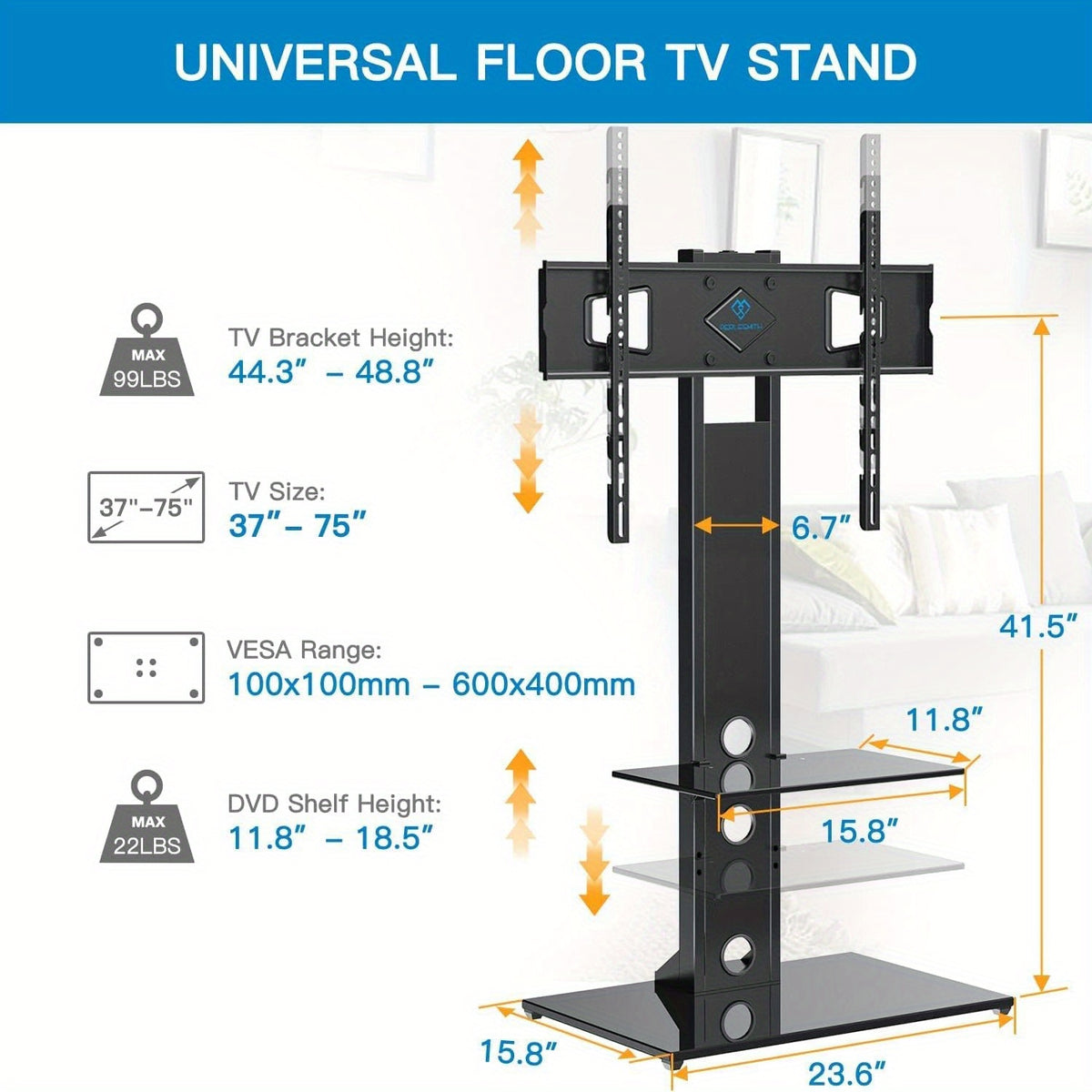 Swivel Floor Universal TV Stand with 2 Shelves for Most 37-75 Inch LCD LED TVs, Height Adjustable Tall TV Stand with Cable Management, VESA 600x400mm, Perfect for Corner &amp; Bedroom