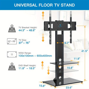 Swivel Floor Universal TV Stand with 2 Shelves for Most 37-75 Inch LCD LED TVs, Height Adjustable Tall TV Stand with Cable Management, VESA 600x400mm, Perfect for Corner & Bedroom