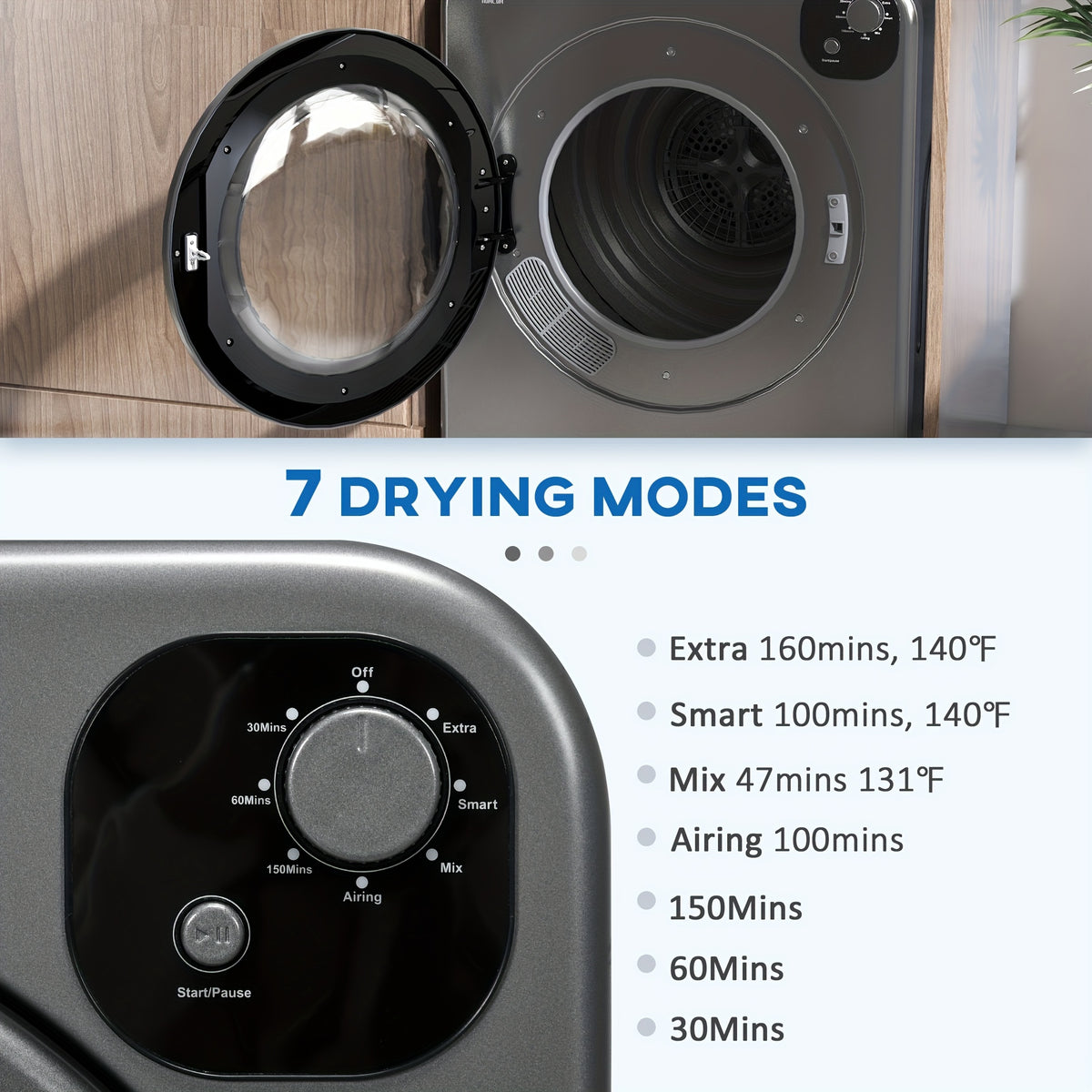 Electric Portable Dryer Compact Laundry Dryer Machine 1300W 13.2lbs Capacity Stainless Steel Tub 3.22 Cu. Ft. Tumble Dryer With 7 Drying Modes For Apartment Dorm (Grey)