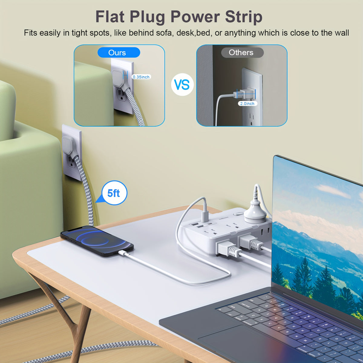 Flat Plug Power Strip Surge Protector - 6 Standard Outlets, 4 USB Charger (2 USB C), 5 Ft Braided Extension Cord, Rectangle, Mountable with On/Off Switch, 110V-130V, US Plug, Wall Mount for Office, School, Dorm, White