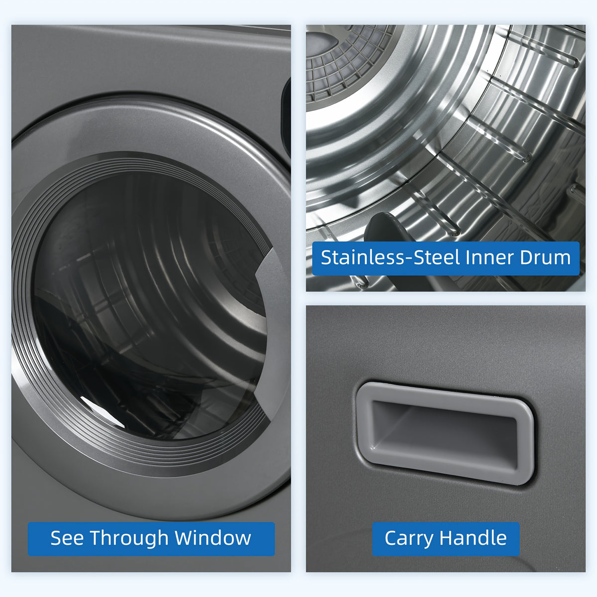 Electric Portable Dryer Compact Laundry Dryer Machine 1300W 13.2lbs Capacity Stainless Steel Tub 3.22 Cu. Ft. Tumble Dryer With 7 Drying Modes For Apartment Dorm (Grey)