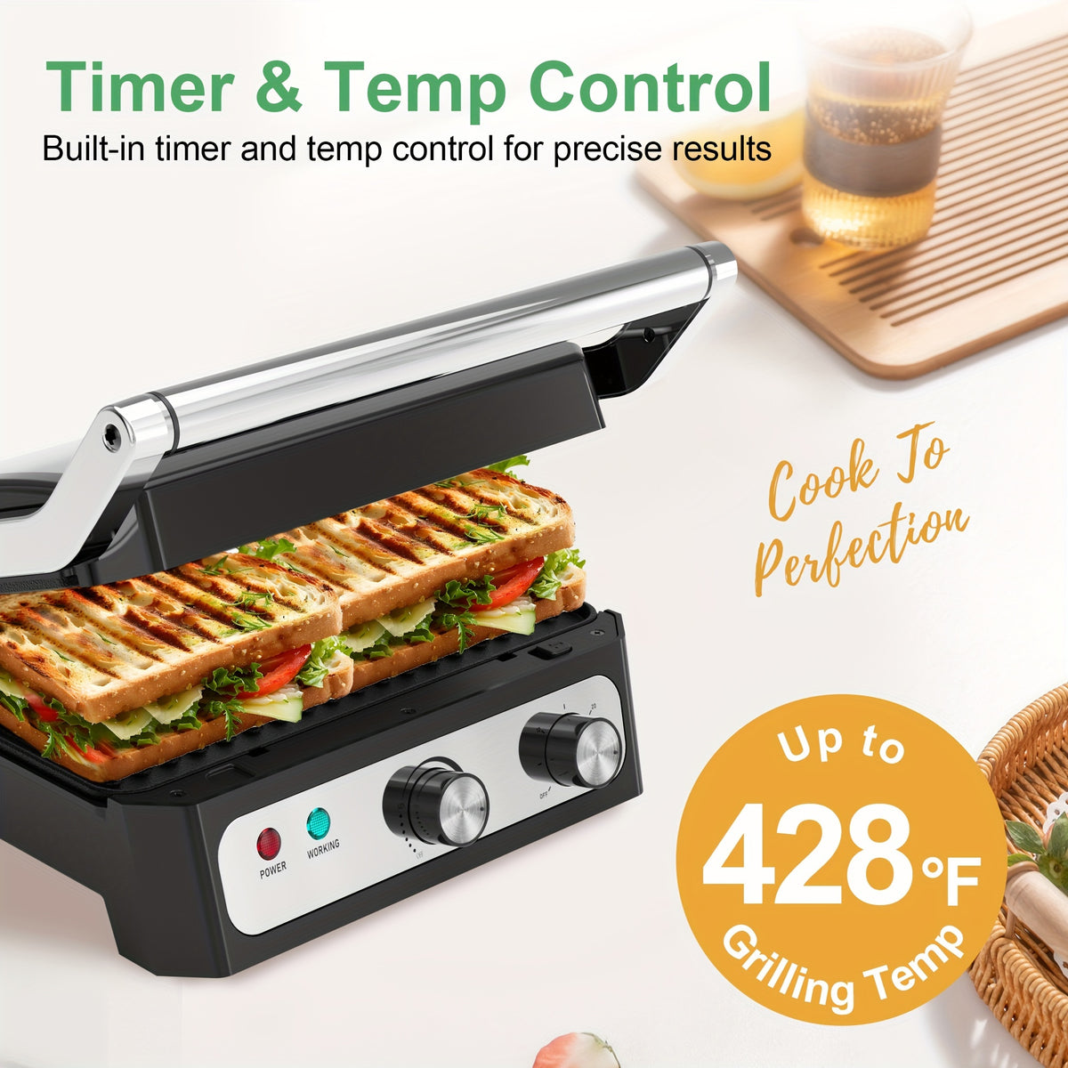 CACHOO Electric Panini Press Sandwich Maker, 1500W Indoor Grill with Non-Stick Coated Plates, Temperature Control &amp; Removable Drip Tray, Opens 180 Degrees to Fit Any Type/Size of Food