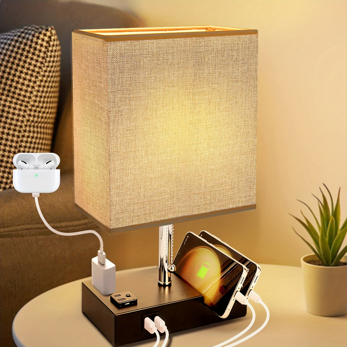 1pc 3-Color Temperature Bedside Lamp, Nightstand Lamp Table Lamp, Desk Lamp With 2 USB And AC Outlet, Bedside Phone Stands For Bedroom, Living Room, Office, LED Bulb Included