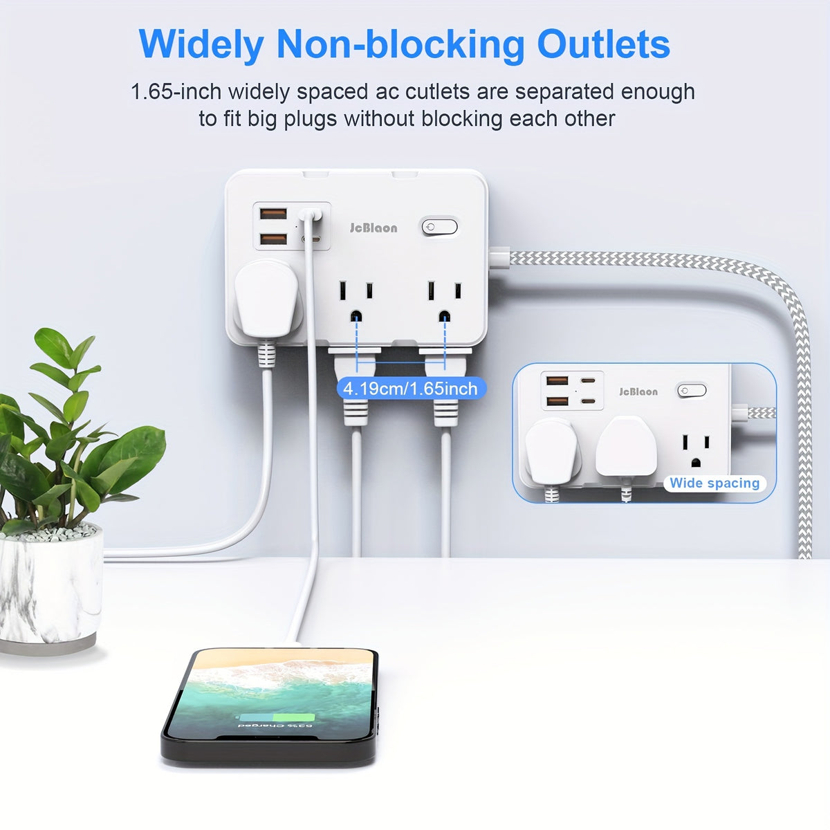 Power Strip Surge Protector - 6 Widely Outlets with 4 USB Ports (2 USB C), 2-Side Outlet Extender Strip, 10 Ft Extension Cord Flat Plug, Wall Mount Small Power Strip for Travel Home Office College Dorm