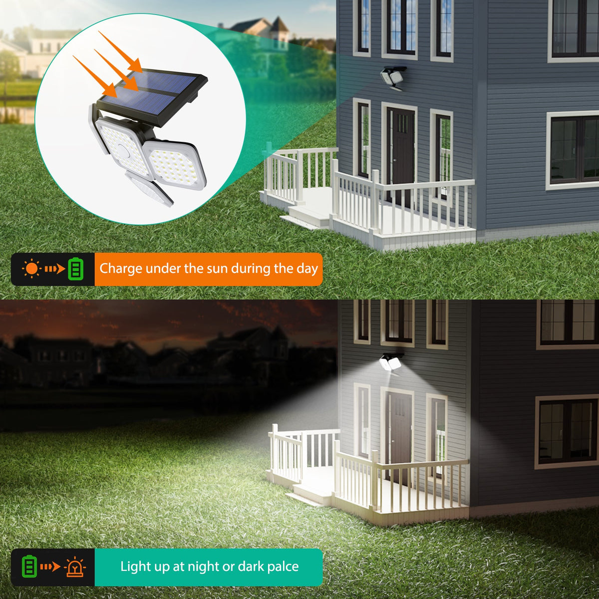 Solar Lights Outdoors 144 LED with Remote 4 Heads 270° Wide Range