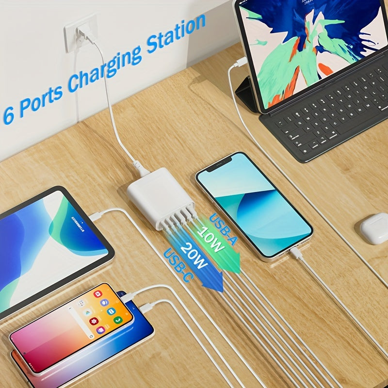 6 Port 100W USB C Charging Station - Portable PD Fast Wall Charger with 3 USB C and 3 QC USB A Ports for iPhone 5/14/13/12 and Samsung Galaxy Note