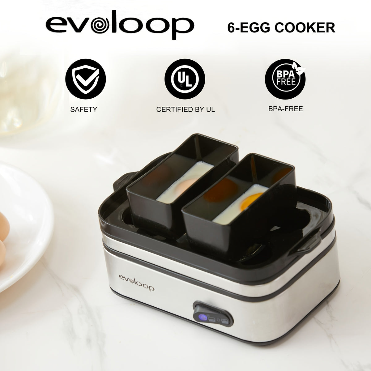 Evoloop Rapid Egg Cooker - Effortlessly Craft Perfect Eggs Every Time with Auto Shut Off - 6 Egg Capacity for Hard Boiled, Poached, Scrambled, or Fluffy Omelets - Culinary Mastery in Minutes