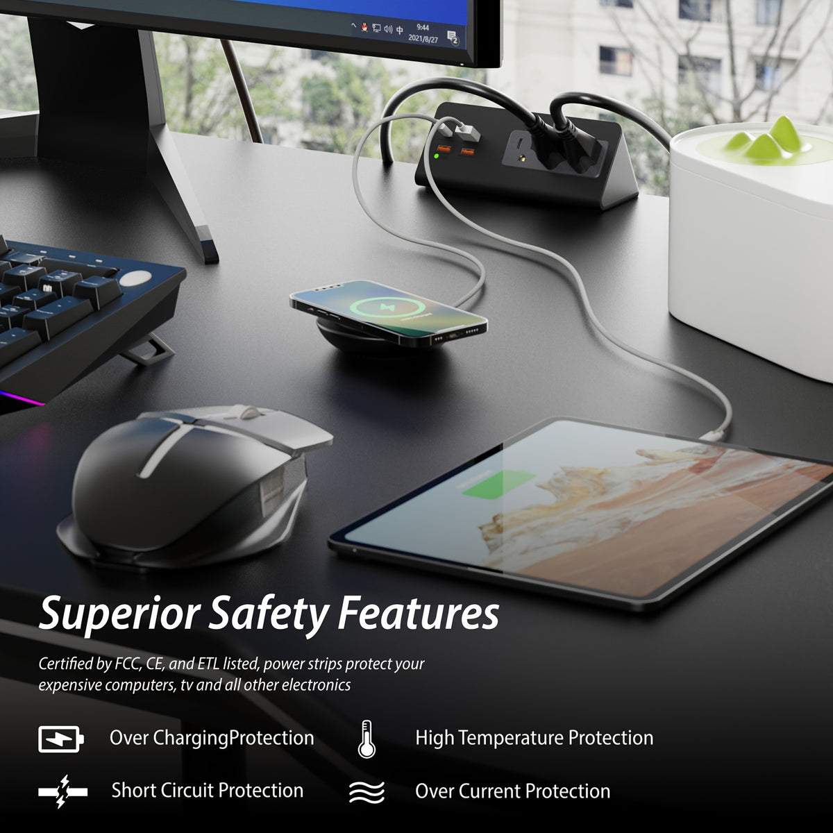 Upgraded, Desk Edge Clamp Mount Power Strips with USB Ports, PD20 W Fast Charging USB-C Port and 3 AC Outlets, Nightstand Charging Station, Office Tabletop Accessories, Hotels, 5.6 Ft Extension Cord