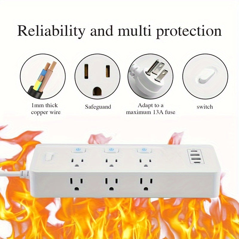 Power Strips (American Standard), Surge Protector With 6 AC Outlets And 2 USB A + 2 USB C, USB C Fast Charging, Extension Cord, Overload Protection, For Home, Office, Travel