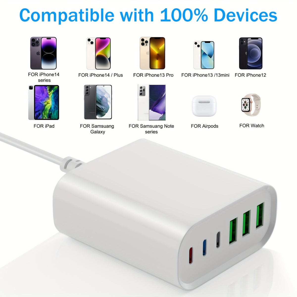 6 Port 100W USB C Charging Station - Portable PD Fast Wall Charger with 3 USB C and 3 QC USB A Ports for iPhone 5/14/13/12 and Samsung Galaxy Note