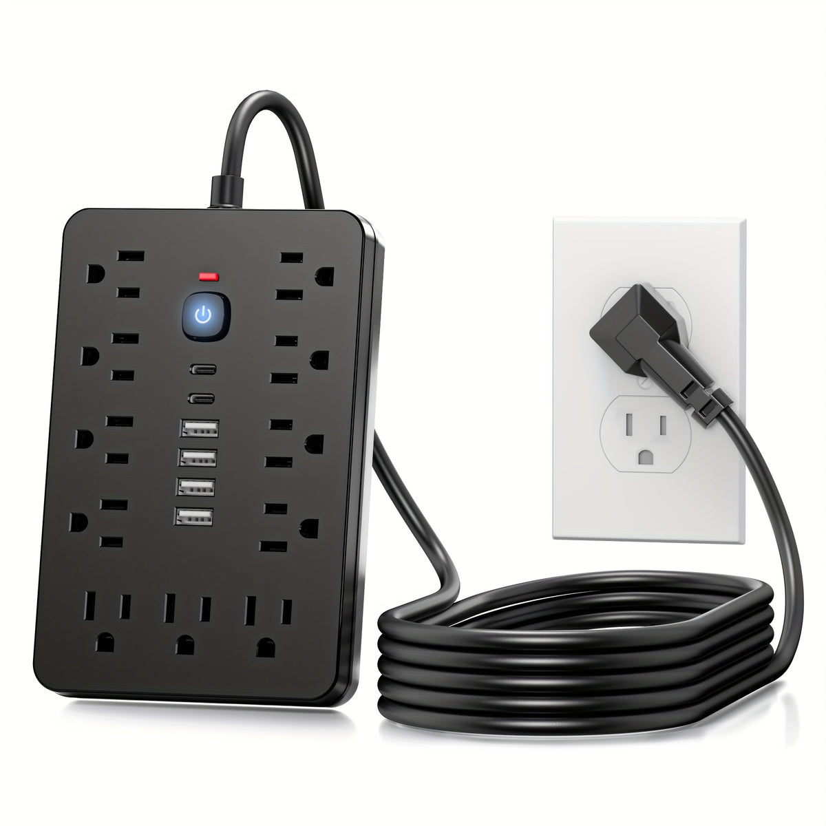 1 Piece 17-in-1 Surge Protected Power Strip With 11 AC Outlets, 4 USB And 2 Type-C Ports. Wall Mountable Desktop Charging Station. US Plug. Perfect For Home, Office And Travel. Available In 5ft Or 10ft Cord Length.