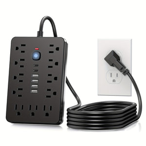 1 Piece 17-in-1 Surge Protected Power Strip With 11 AC Outlets, 4 USB And 2 Type-C Ports. Wall Mountable Desktop Charging Station. US Plug. Perfect For Home, Office And Travel. Available In 5ft Or 10ft Cord Length.