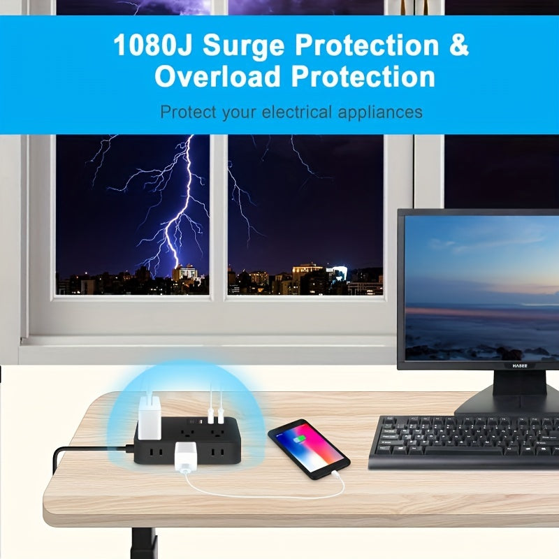 Ultra-Compact Power Strip with Individual Switch, 4 USB Ports (3 USB + 1 Type-C), 1.2m Cord, Universal Wall Mount, Black, 110-130V, US Plug