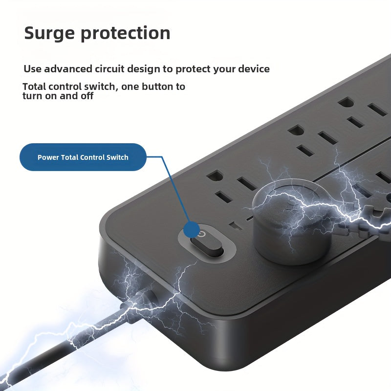 1pc 10-in-1 Power Adapter With 3 USB Outlets, 1 Type-C Outlet And 6 AC Socket Outlets. A Wall Socket, With Surge Protector, Easy To Carry, 4.5-foot Extension Cable, Suitable For Home, Office And Travel