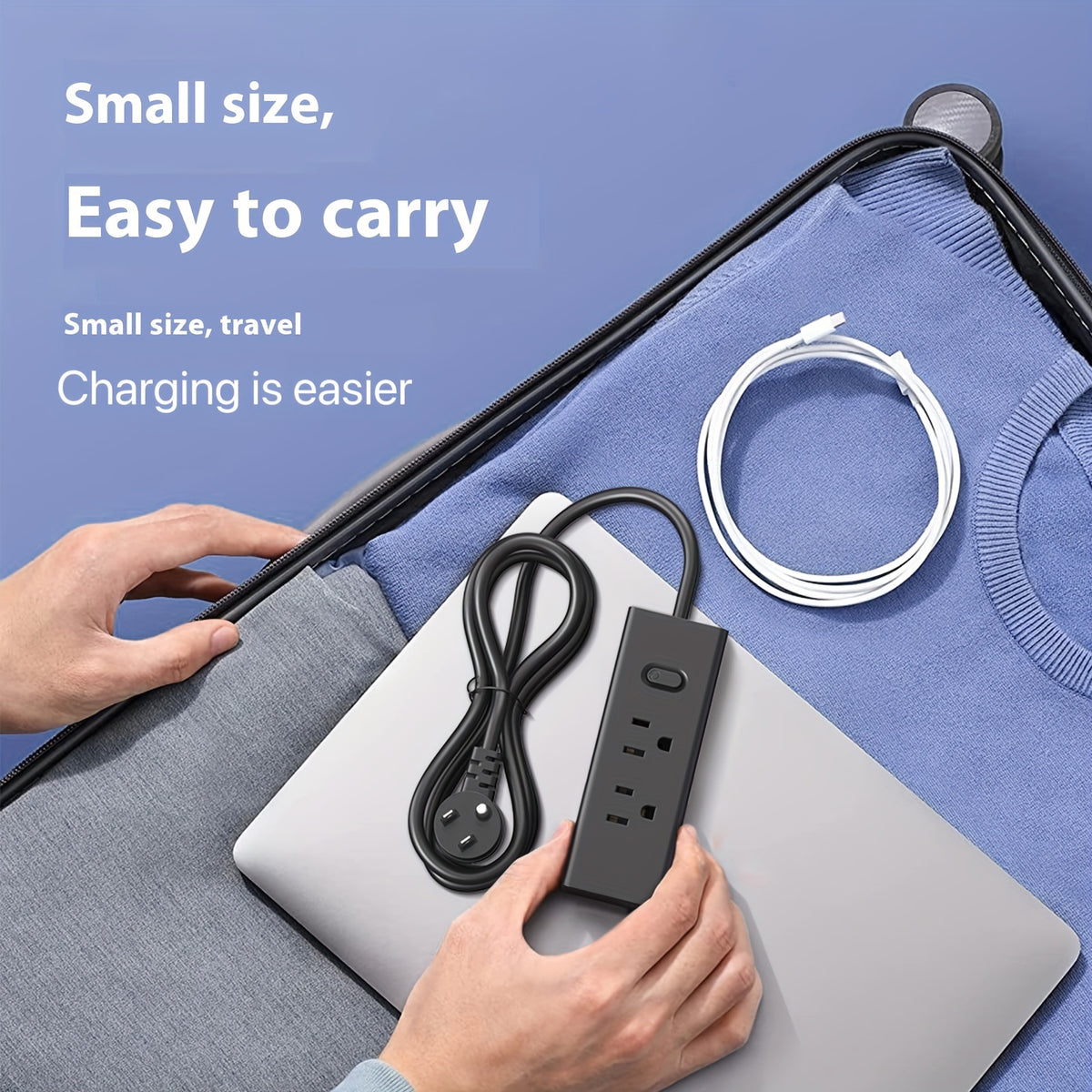 small and compact Black/white power strip, 3.9ft extension cord with 6 AC power outlets and 2 USB and 1 Type-C ports with flat corner plugs, convenient for travel, suitable for home/office